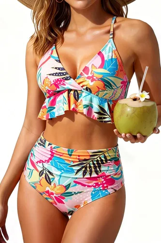 Vista 14 de Tempt Me - Traje de baño de dos piezas para mujer, bikini de cintura alta con volantes y control de abdomen Rojo neón
