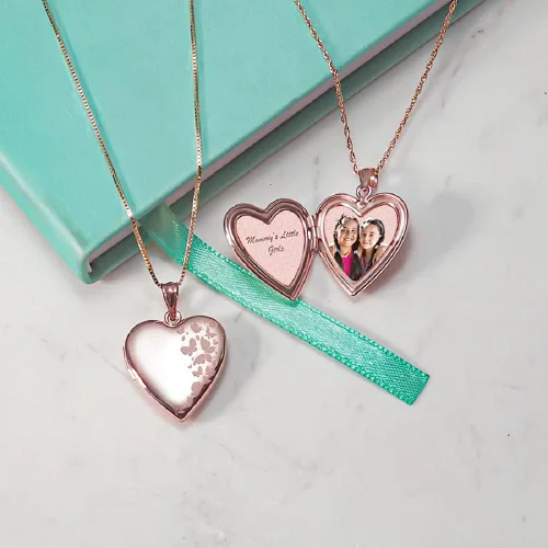 Vista 6 de Collar con medallón de fotos de corazón chapado en oro rosa, 34 pulgadas x 34 pulgadas, incluye cadena de 18 pulgadas, collares personalizados