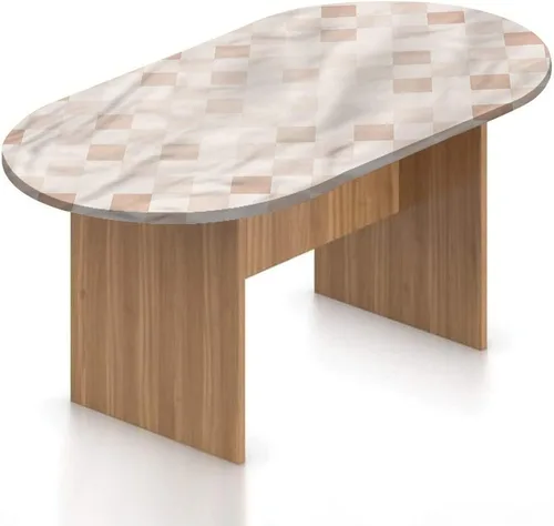 Vista 8 de Mantel ajustable ovalado de poliéster con bordes elásticos color crema, almohadilla de mesa con estampado de curvas dibujadas a mano, se adapta a