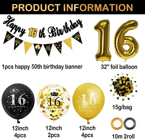 Vista 2 de Decoraciones de fiesta de cumpleaños número 16 para hombres y mujeres, negro y dorado, cartel de feliz cumpleaños negro y dorado, globos de feliz