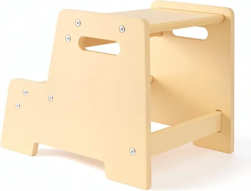 Vista 7 de Taburete de madera barnizado para niños – Taburete infantil de 2 pasos con asas, madera contrachapada de abedul, base antipunta y esquinas