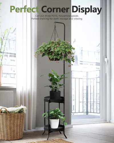 Vista 6 de RINBOU Soporte para plantas colgantes para interiores y exteriores, estante esquinero de metal para 3 macetas, 2 niveles de 61 pulgadas de alto