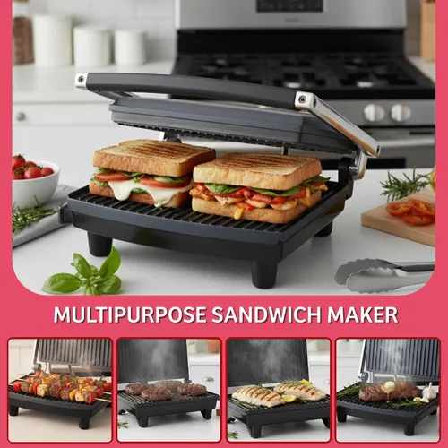 Vista 6 de Chef Buddy Panini Press Gourmet Sandwichera para una cocina saludable - Parrilla interior con bandeja de goteo de Classic Cuisine (plateado), otro