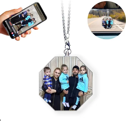 Vista 10 de Adorno colgante de cristal diáfano personalizado para espejo retrovisor de automóvil con foto, adorno personalizado para automóvil, decoración
