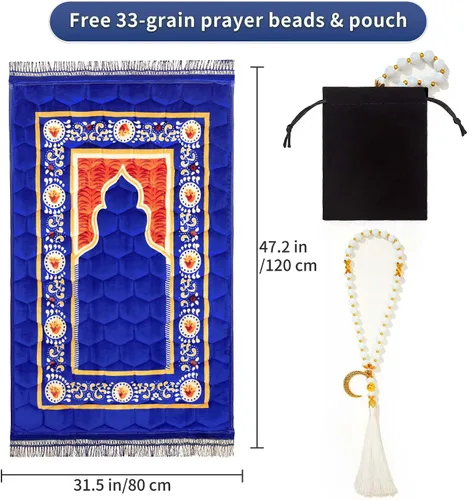 Vista 3 de Alfombra de Oración Musulmana Mat Islámica - Alfombra de Oración Sajadah Acolchada Muy Gruesa para Hombres y Mujeres con Cuentas de Oración del Azul