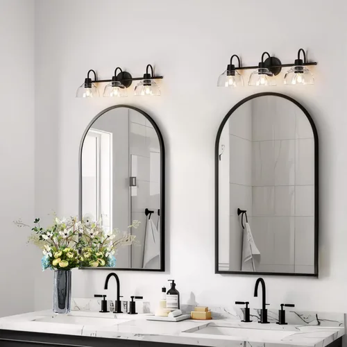 Vista 3 de KSANA Lámpara de baño negra, lámpara de tocador de 3 luces con pantalla de cristal transparente de gran apertura, moderna lámpara de pared de granja