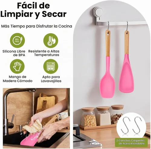 Vista 5 de Juego de cucharas de cocina de silicona grandes, 2 cucharas de servir resistentes al calor, espátula antiadherente multifunción para mezclar Berry