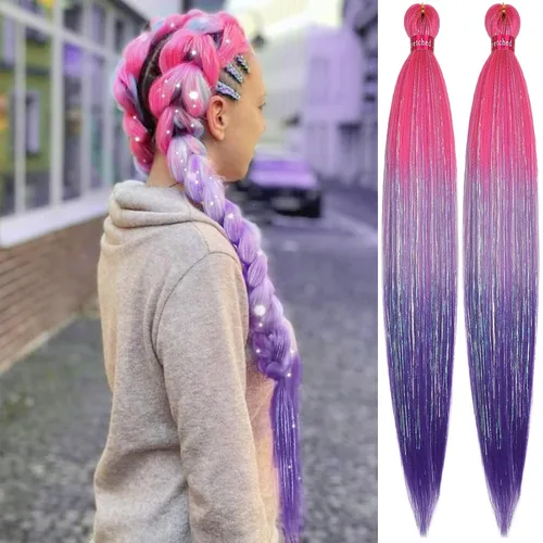 Vista 50 de Cabello trenzado verde con lentejuelas de 26 pulgadas, preestirado, trenzas de textura Yaki, extensiones de cabello pre plumadas, 3 paquetes, fácil