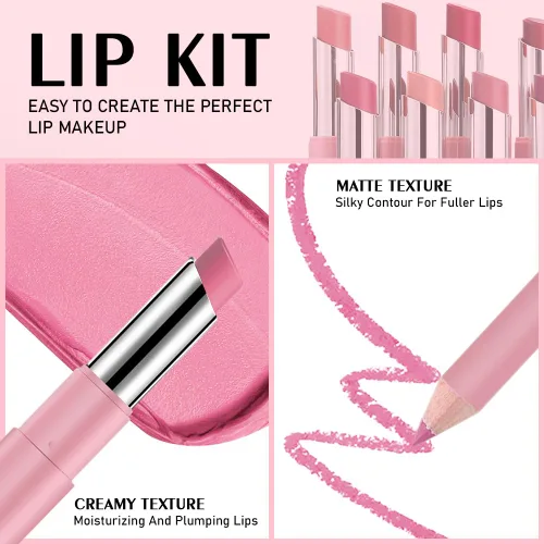 Vista 9 de Juego de 6 delineadores de labios y lápiz labial, color rosa claro, morado claro, mate, kit de labios con delineador de labios, larga duración