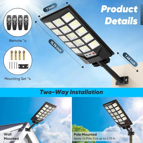 Vista 6 de Farolas solares impermeables para exteriores, 30000 lúmenes, 6500 K, luces LED con sensor de movimiento, luces de inundación solares con control