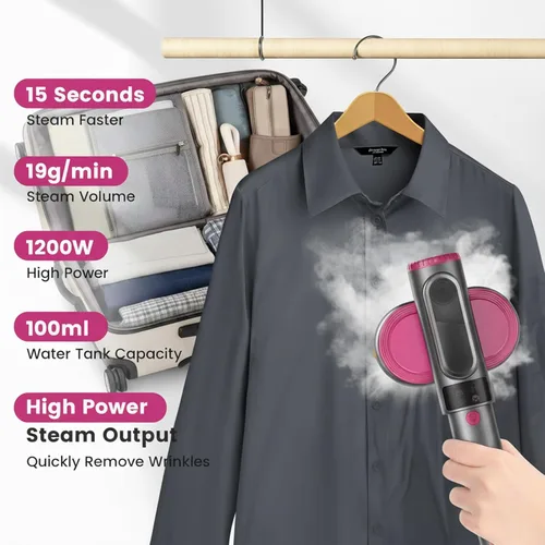 Vista 4 de Potente vaporizador de ropa de mano con pantalla LCD, calentamiento rápido de 15 segundos, incluye taza medidora, tabla resistente al calor, bolsa