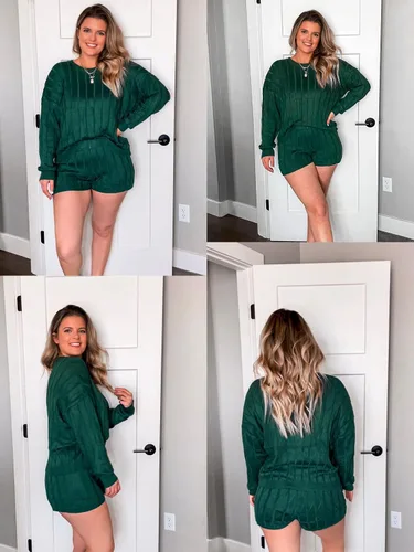 Vista 2 de Ekouaer Conjunto de 2 piezas de suéter de manga larga y pantalones cortos para mujer
