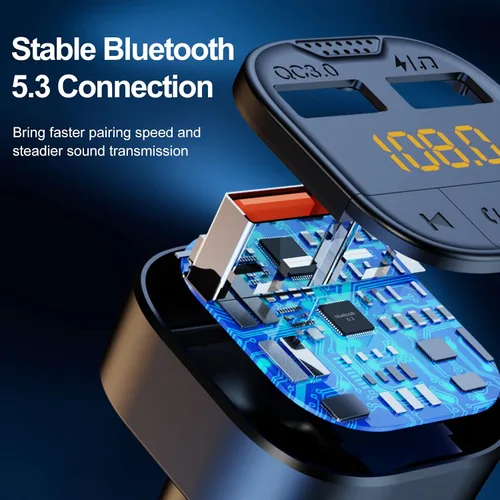 Vista 5 de Adaptador Bluetooth para coche, transmisor FM Bluetooth para coche, reproductor de MP3 QC3.0 carga rápida para todos los teléfonos inteligentes