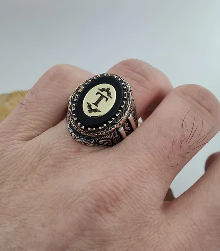 Vista 7 de Custom Personalized Letter Ring, Beautiful Handcrafted Personalized 925K Solid Sterling Silver Onyx Stone Men's Ring RP77