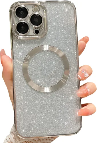 Vista 7 de Compatible con iPhone 13 Pro Max Funda magnética con purpurina, bonita funda transparente chapada de lujo, compatible con MagSafe para mujeres