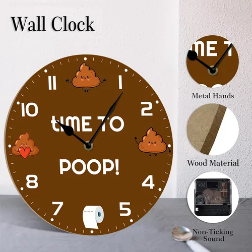 Vista 5 de Funny Poop Barthroom - Reloj de pared de madera de 10 pulgadas, funciona con pilas, reloj de pared sin tictac, hora de hacer popa, relojes de pared