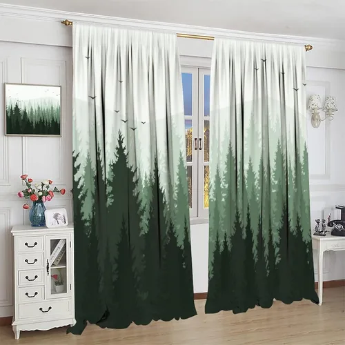 Vista 3 de Cortina de ventana de bosque brumoso, cortina negra escénica, bosque tropical, pinos, paisajes naturales verdes para dormitorio, cocina, cafetería
