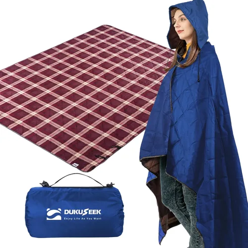 Vista 13 de DUKUSEEK Manta con capucha para exteriores, manta de camping impermeable, acolchada, forro polar grueso, cálida, resistente al viento, a prueba