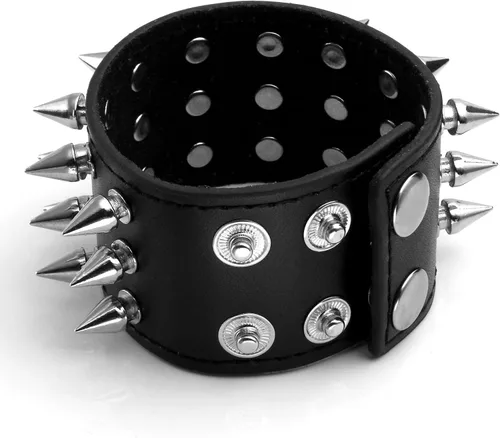 Vista 7 de MILAKOO 2 pulseras negras con correa de cuero pulsera punk rock negra de 6 a 8 pulgadas, Metal