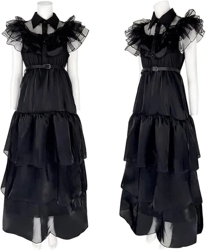 Vista 2 de Antsoldier Wednesday Addams Vestido para niños, disfraz de Wednesday Addams para niñas con peluca, vestido de miércoles para niños