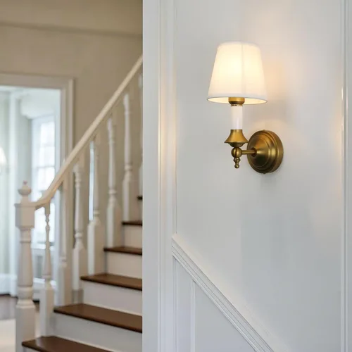 Vista 8 de PERMO Juego de 2 apliques de pared clásicos antiguos con forma de embudo con pantalla textil blanca, lámpara de pared montada en la pared