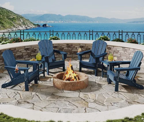Vista 24 de Juego de 2 sillas Adirondack plegables HDPE con mesa auxiliar, color negro
