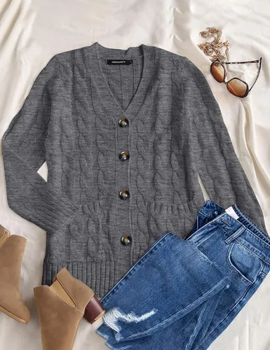 Vista 6 de MEROKEETY - Suéter de punto trenzado y manga larga para mujer, estilo cárdigan abierto al frente, con botones, para otoño, ropa de exterior holgada
