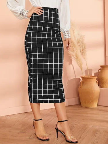 Vista 4 de Verdusa Elegante falda de largo medio a cuadros con cintura elástica para mujer
