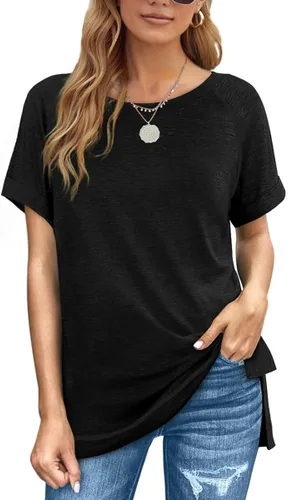 Vista 2 de XIEERDUO Camisetas de verano de manga corta para mujer, cuello en V, holgadas, con bolsillo