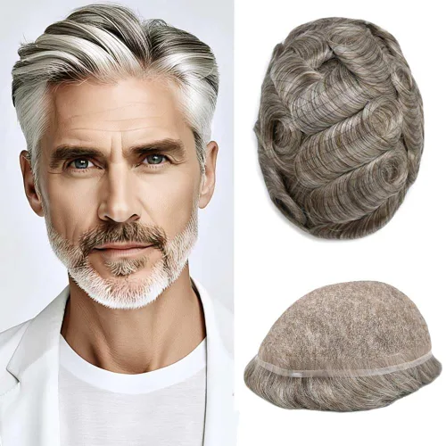 Vista 34 de Peluca de cabello humano con encaje completo, línea capilar real, para hombre, peluca de cabello con nudo blanqueado, pieza de pelo para hombres