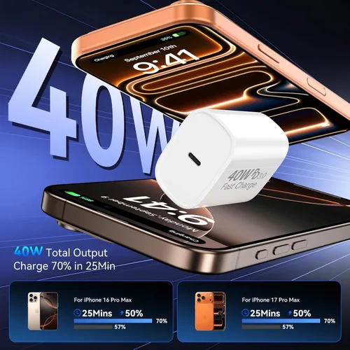 Vista 2 de Cargador para iPhone 17 16 15 Pro de carga rápida, bloque de cargador rápido USB C de 40W con cable de carga rápida tipo C de 3 metros de largo