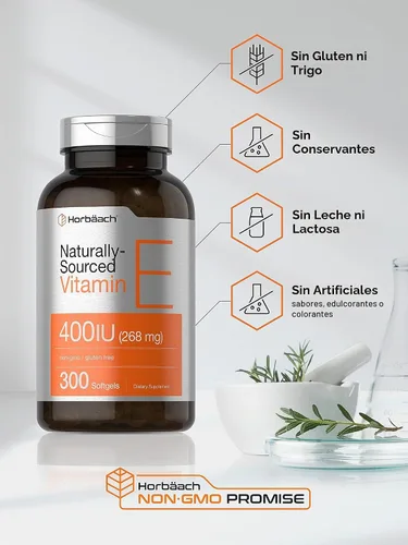 Vista 4 de Horbäach Suplemento de vitamina E 400 UI (268 mg) 300 cápsulas de cápsula blanda D-Alpha Tocoferol Fórmula sin OMG y sin gluten