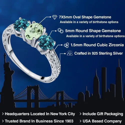 Vista 2 de Anillo de plata de ley 925 de 1,87 quilates con topacio azul ovalado y plata de ley 925 de 3 piedras para mujer