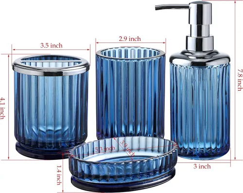 Vista 2 de Juego de 4 accesorios de baño de vidrio azul pesado con patrón decorativo prensado, incluye dispensador de jabón de mano, vaso, jabonera y soporte