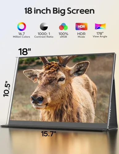 Vista 2 de Monitor portátil para juegos de 18", 2.5k 2560x1600, pantalla ancha 16:10, 100% sRGB, FreeSync, HDR, extensor de pantalla de computadora portátil