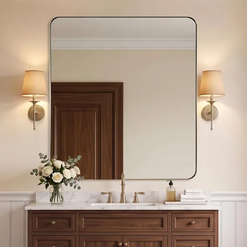 Vista 17 de ANDY STAR Espejo de pared cuadrado para baño, espejo de baño negro mate de 24 x 24 pulgadas, espejo de metal de esquina redondeada en marco de acero