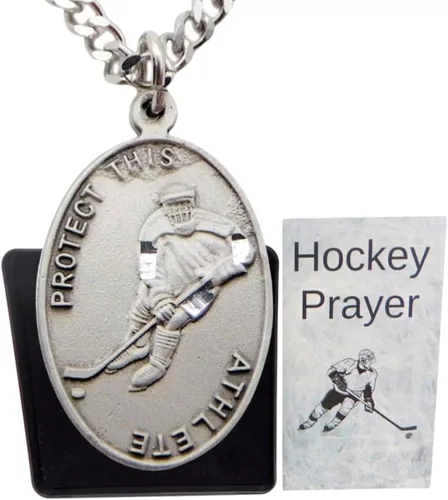Vista 6 de Westmon Works Collar de medalla de peltre de hockey con cadena de acero inoxidable de San Sebastián, juego en caja con tarjeta de oración, joyería