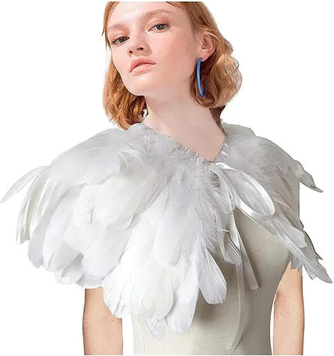 Vista 4 de L'VOW Estola de capa de plumas de moda negro blanco beige chal iridiscente