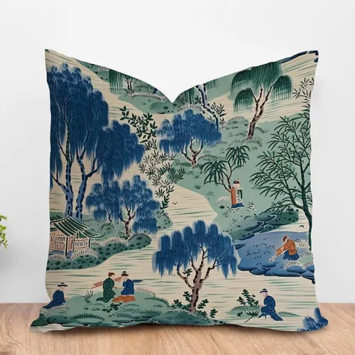Vista 15 de ArogGeld Chinoiserie - Funda de cojín para sofá, diseño floral de peonía, color verde azulado, verde y rojo, diseño de peonía, diseño escénico