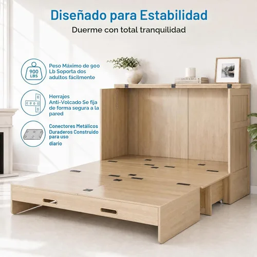 Vista 9 de Mjkone Murphy - Cama de gabinete con colchón plegable de tres piezas Madera natural