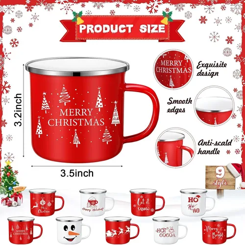 Vista 2 de Zhehao 9 tazas de Navidad de 11 onzas, tazas de chocolate caliente de temporada, lindas tazas de té esmaltadas rojas y blancas para café, cacao