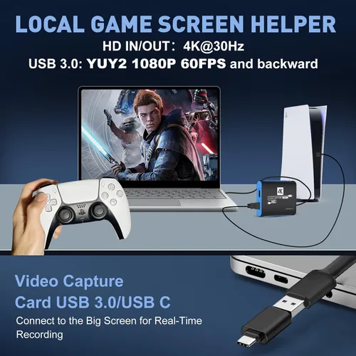 Vista 4 de Tarjeta de captura de video USB 3.0 HDMI para Switch 2 PS5 Xbox DSLR Azul