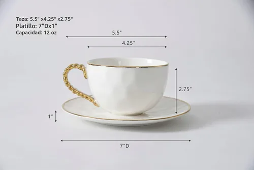 Vista 2 de Pampa Bay Taza de té y platillo Golden Salerno, 7" x 7" x 3.25" Blanco con Dorado