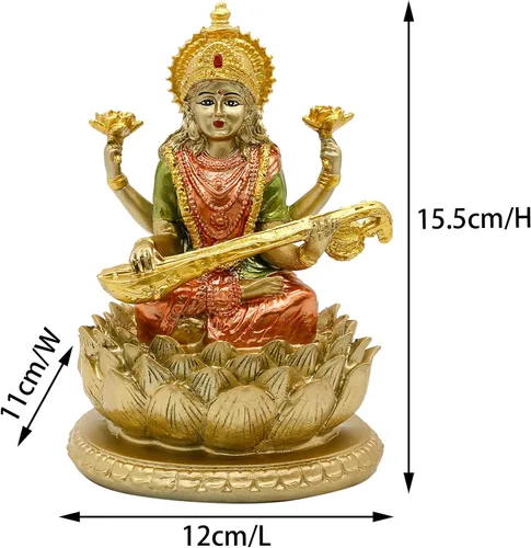Vista 5 de BangBangDa Diosa hindú Señor Saraswati estatua – Ídolo indio de la música sentado en la escultura de loto – Figura de Dios de la India