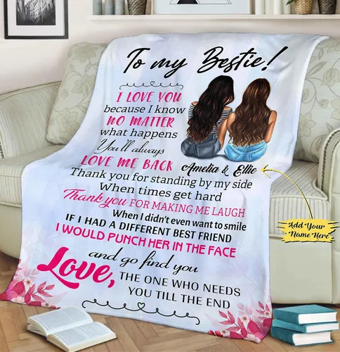 Vista 2 de Manta con nombre personalizado con texto en inglés "I Love You My Bestie" para mejor amiga, hermana del alma, día de la amistad, Navidad, Acción