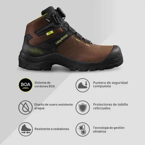 Vista 6 de HexArmor Botas de seguridad profesionales Xbase: impermeables, protección metatarsiana y opciones de cuero negro, puntera compuesta con Marrón
