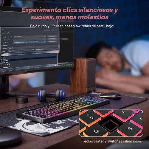 Vista 5 de Combo de teclado y mouse inalámbricos con retroiluminación, teclado ergonómico de tamaño completo 2.4G con letras iluminadas, mouse RGB recargable
