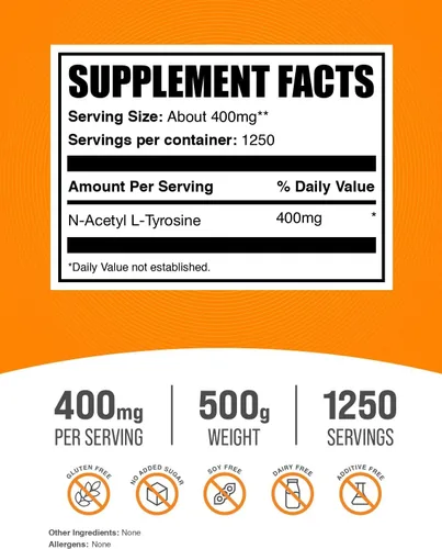 Vista 2 de BulkSupplements. com N-acetil L-tirosina en polvo - Suplemento de tirosina, polvo NALT, suplemento de aminoácidos - Sin sabor y sin gluten, 400 mg