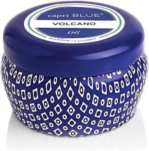Vista 11 de Capri Blue Volcano - Mini vela perfumada en tarro de lata, mini velas impresas para el hogar perfumadas con frutas tropicales y cítricos azucarados