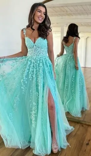 Vista 8 de Vestidos largos de lentejuelas de un hombro para mujer, vestido de noche formal con abertura alta de tul brillante 2024 con abertura